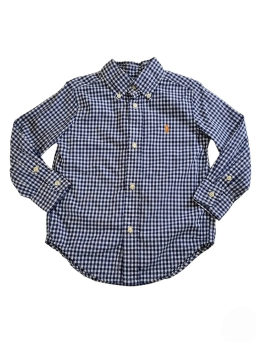 K1414 * Ralph Lauren Boys Gingham Check Button Down Shirt Blue White Size 3T